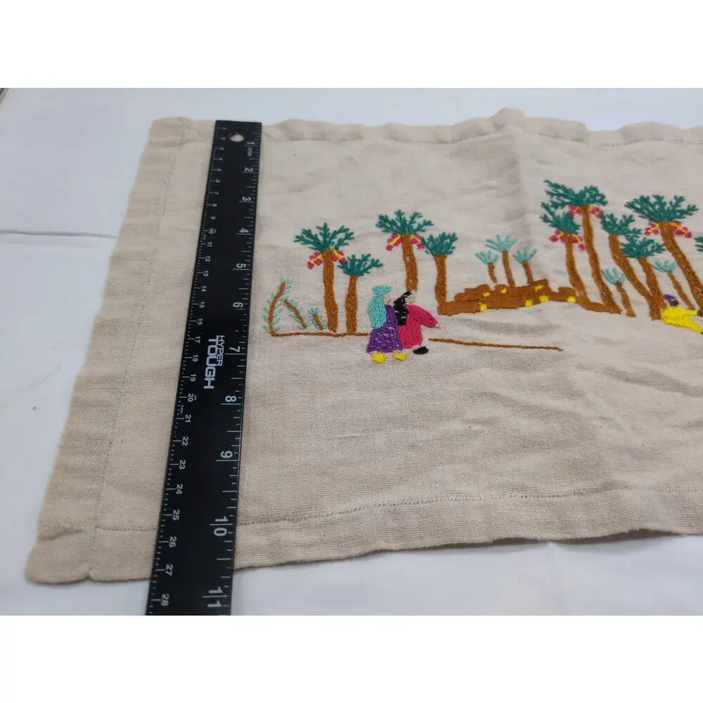 Vintage Hand-Embroidered Cultural Village Motif Desert Oasis Linen Placemat